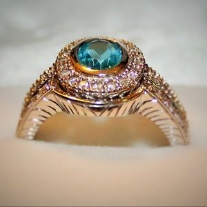 Blue topaz halo wedding set size 8 - 10k white gold